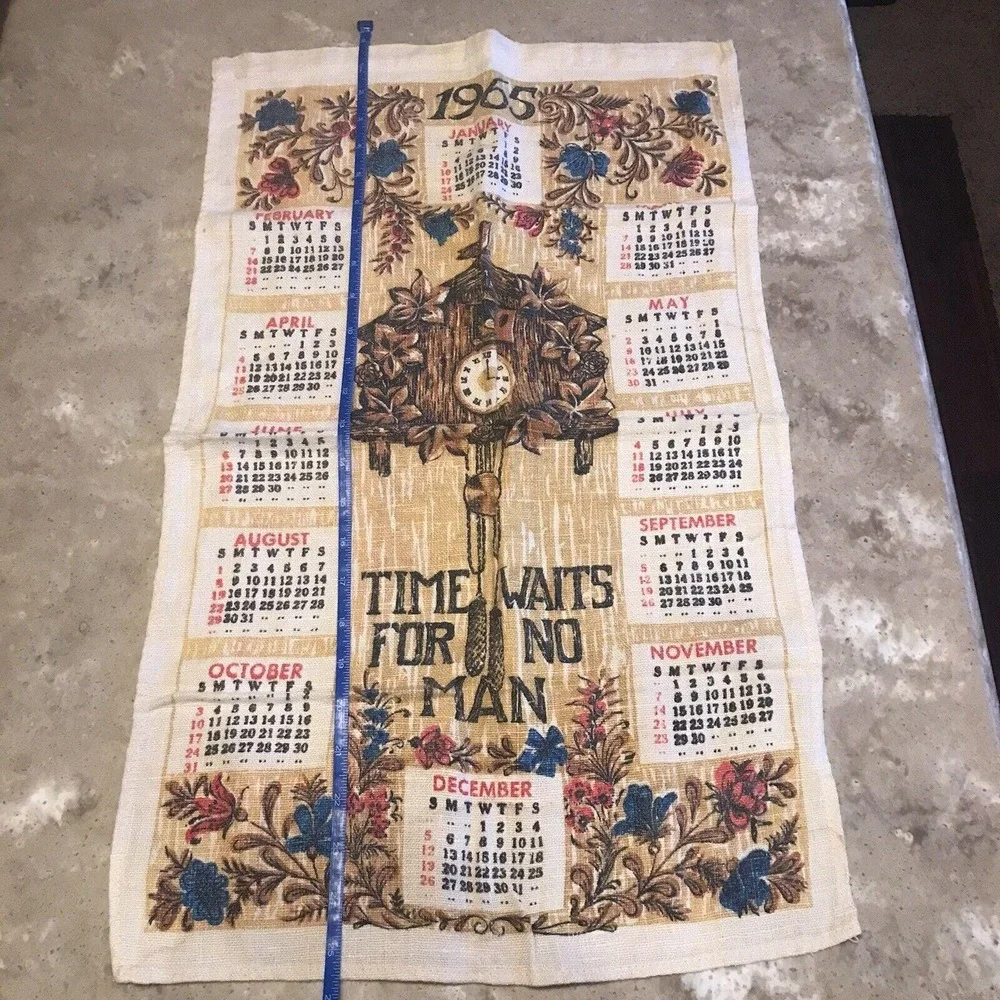 1965 Kitchen Calendar Tea Towel Cuckoo Clock Wall Hanging Granny Core MCM